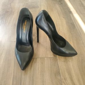 Saint Laurent Janis Black Leather Pointed Toe Shoes Size 37.5 (Fits like 38)